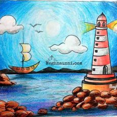 Light House on Seashore Plastic Crayons Painting