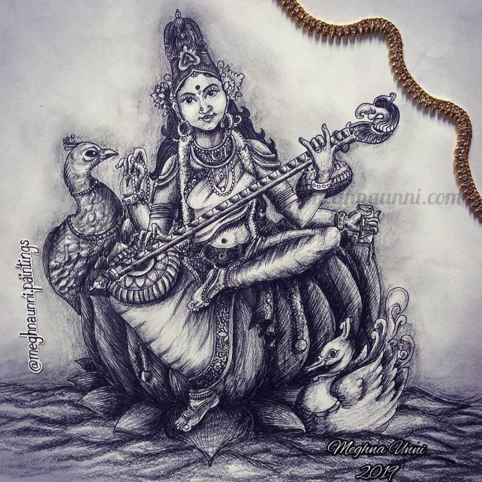DEVI SARASWATI // 🙏. . .Pencil Drawing on Paper . .#saraswatidrawing  #devisaraswati #masaraswati #saraswatipujo #saraswatipuja… | Instagram