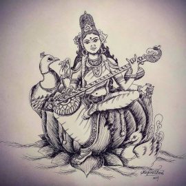 Saraswati Devi Pen Drawing with Pencil Shading – Meghnaunni.com