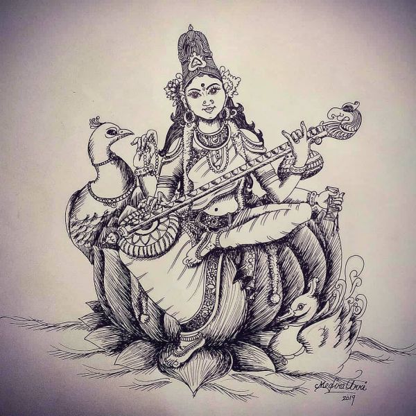Beautiful goddess of wisdom, music, art and knowledge maa saraswati wall  mural • murals worship, woman, wisdom | myloview.com